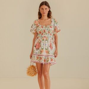 Farm Rio Off-White Bloom Garden fetival , Boho Large Mini Dress
